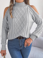 Casual Cable Knit Off-Shoulder Half Turtleneck Long Sleeve Pullover Sweater