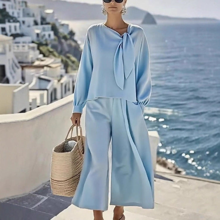 Women's Casual Solid Color Long Sleeve Top And Pants Two-Piece Set