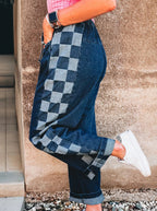 Sail Blue Checkered Side Panel Drawstring Loose Jeans