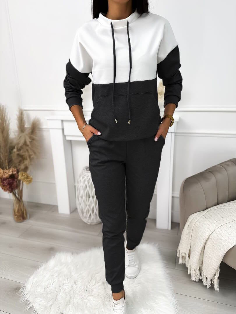 Drawstring Semi-high Neck Color Block Sporty Sweatshirt