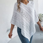 Women's Solid Color V-Neck Cape Sweater Batwing Sleeve Open-Knit Cardigan With Asymmetrical Hem