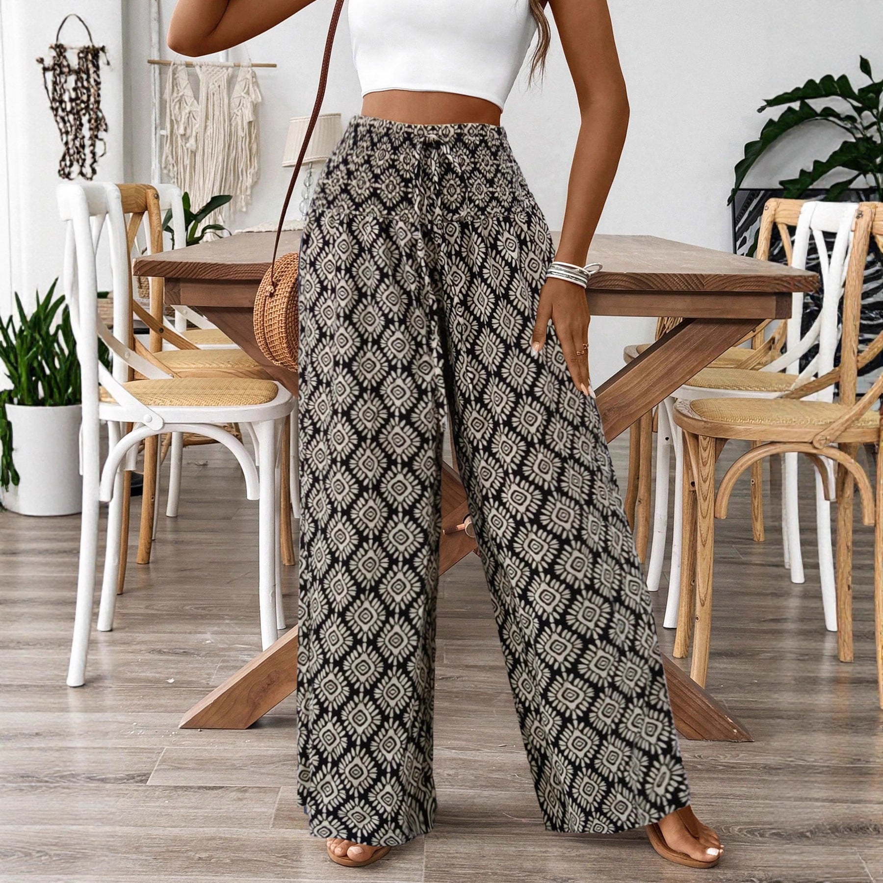 Women's High Waist Printed Casual Wide Leg Pants