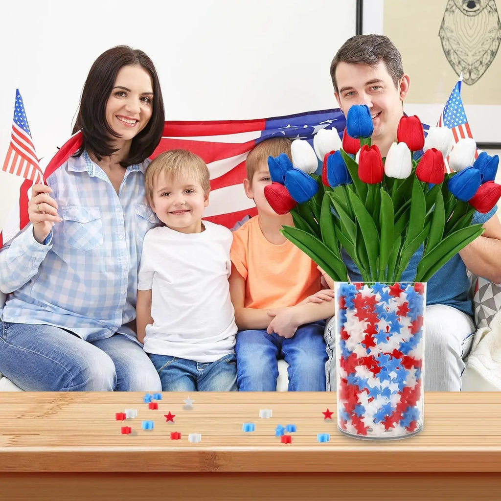 4th Of July Decorations, 12 Pcs Patriotic Artificial Tulips With 180 Pcs Red White Blue Sponge Stars Independence Day Vase Filler For Home Table Centerpiece Decor Clearance Sale - The Premium