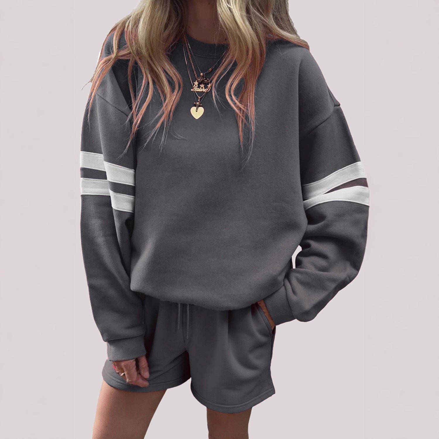 European And American Casual Loose Round Neck Sweatshirt And Shorts Two-piece Set