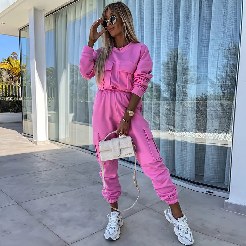 Long Sleeve Round Neck Pocket Loose Sweatshirt Casual Sports Pants