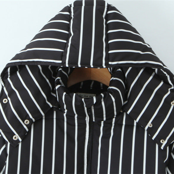 Women's Black Striped Hooded Cotton Coat