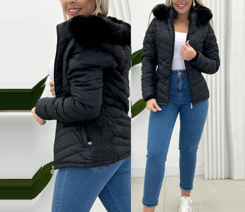 Cinched Hoodie With Fur Collar Short Jacket