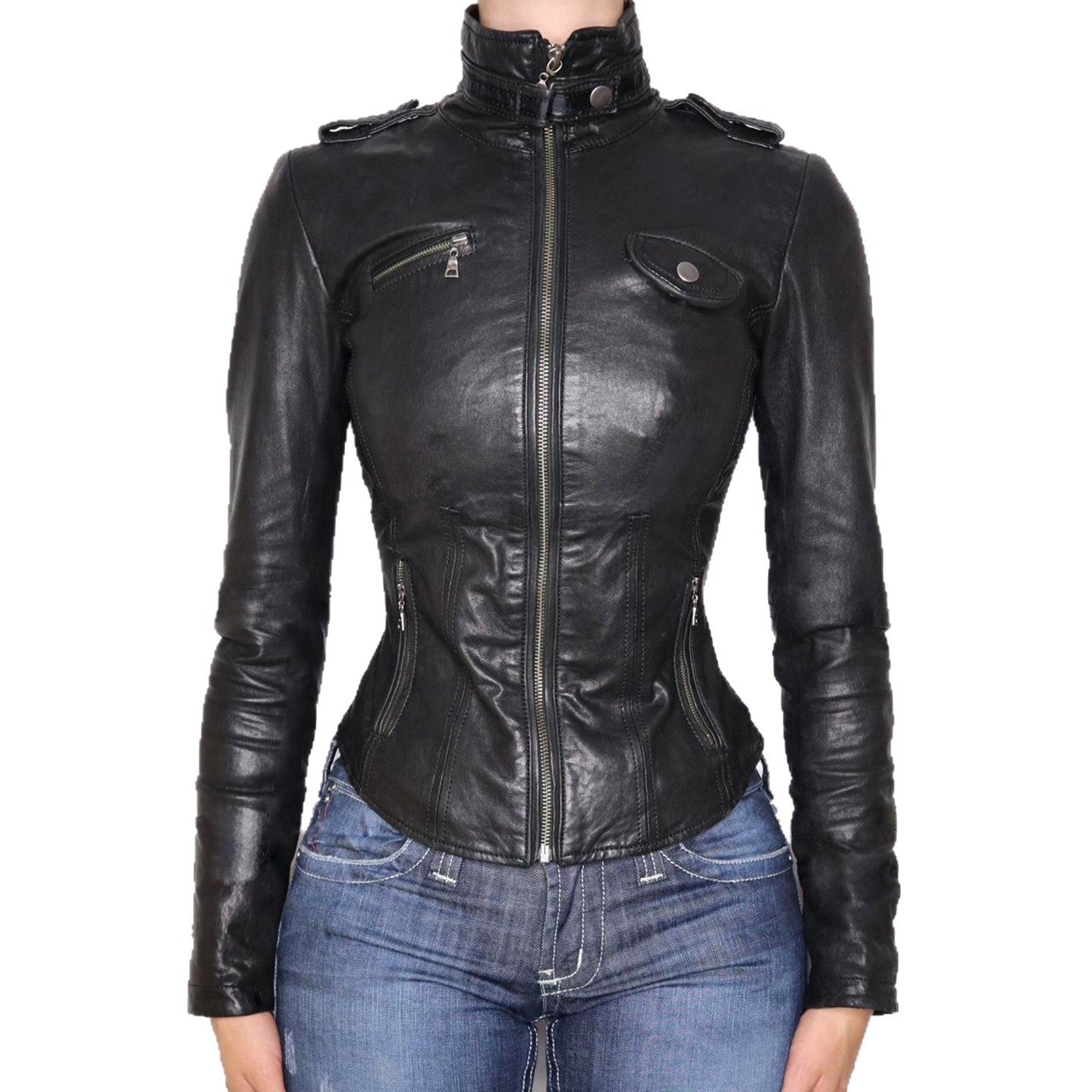 Locomotive Style Collar Leather Patchwork Waist-slimming Jacket