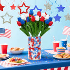 4th Of July Decorations, 12 Pcs Patriotic Artificial Tulips With 180 Pcs Red White Blue Sponge Stars Independence Day Vase Filler For Home Table Centerpiece Decor Clearance Sale - The Premium