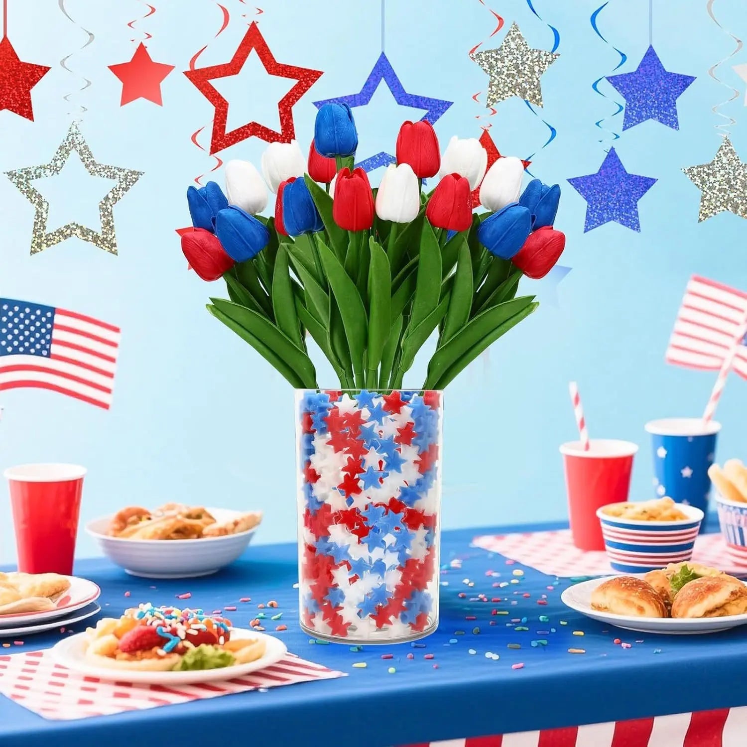 4th Of July Decorations, 12 Pcs Patriotic Artificial Tulips With 180 Pcs Red White Blue Sponge Stars Independence Day Vase Filler For Home Table Centerpiece Decor Clearance Sale - The Premium