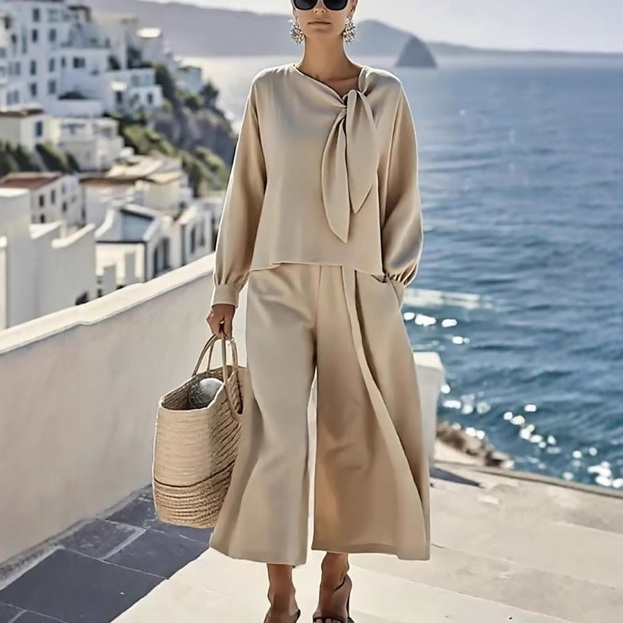 Women's Casual Solid Color Long Sleeve Top And Pants Two-Piece Set