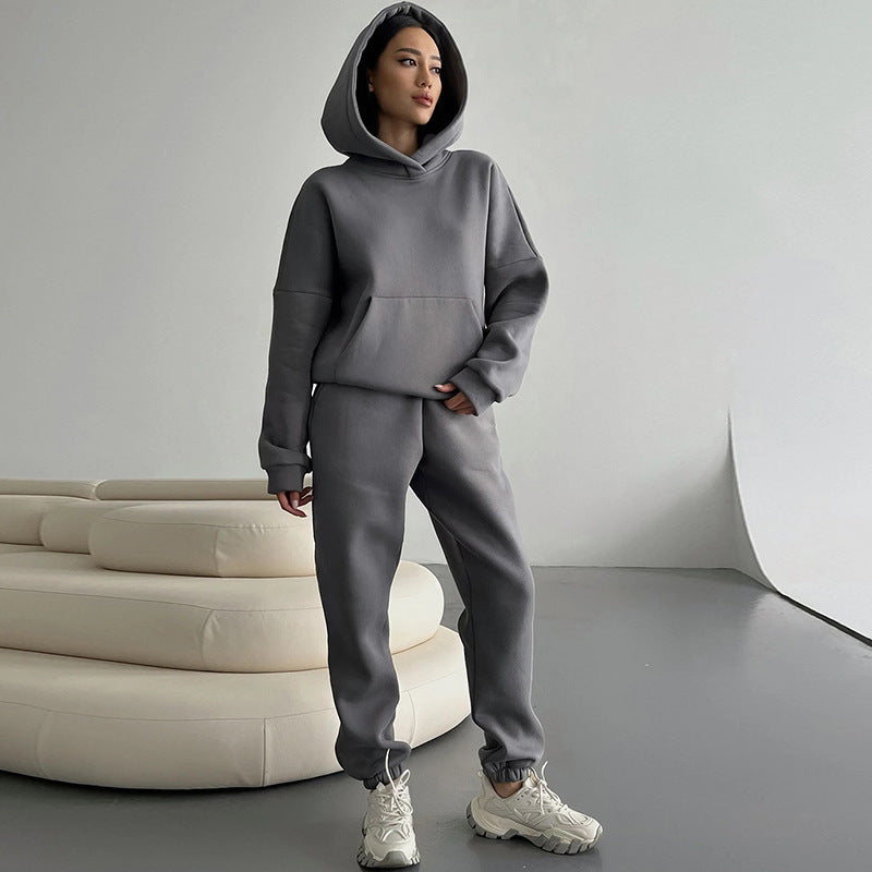 Casual Fleece-lined Hooded Sweatshirt And Pants Two-piece Set