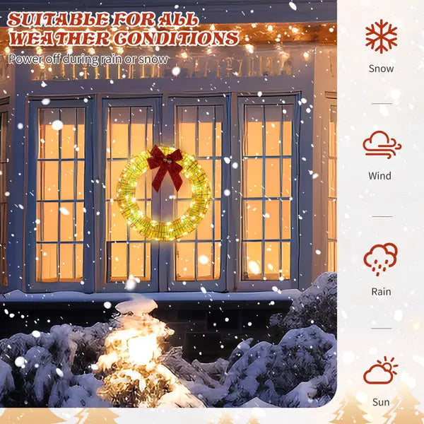 24in Pre-lit Iridescent Outdoor Christmas Wreath Decoration, Lighted Metal Wreath With Red Bow, Warm White LED Lights, For Front Door Gate Wall Indoor Outdoor Holiday Party - The Premium