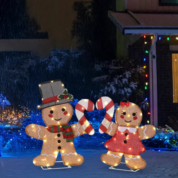 Set Of 2 Lighted Gingerbread Man And Candy Cane Christmas Decorations, Pre-lit 2D Holiday Decor With 80 Warm White LED Lights For Xmas Outdoor Indoor Decor Lighted Holiday Displays - The Premium