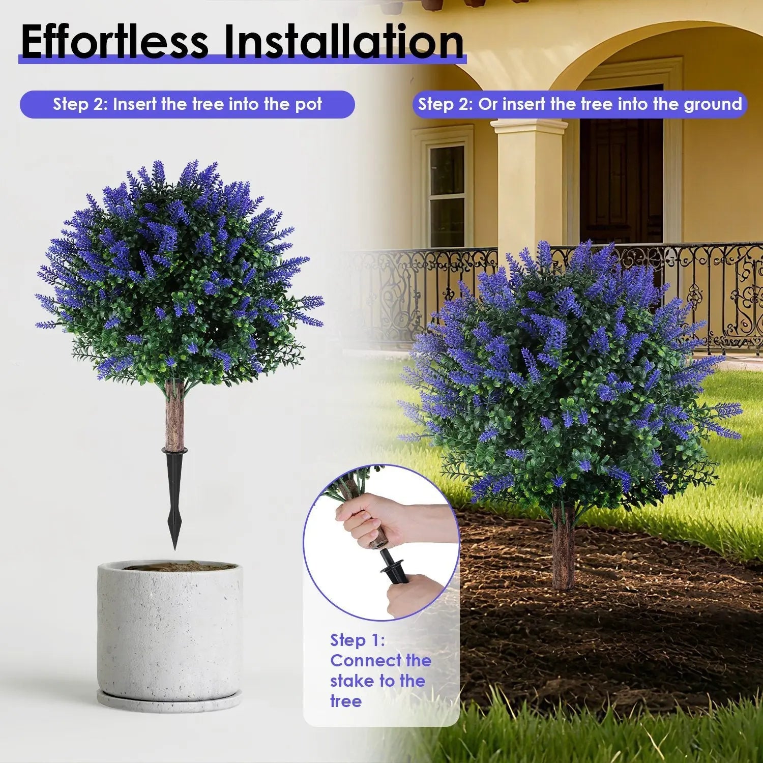 2 Packs Artificial Lavender Topiary Ball Trees UV Resistant Artificial Shrubs Fake Plants Evergreen Artificial Bush With Ground Spike For Indoor Outdoor Front Porch Garden - The Premium