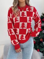 Christmas Tree Plaid Lantern Sleeve Pullover Sweater
