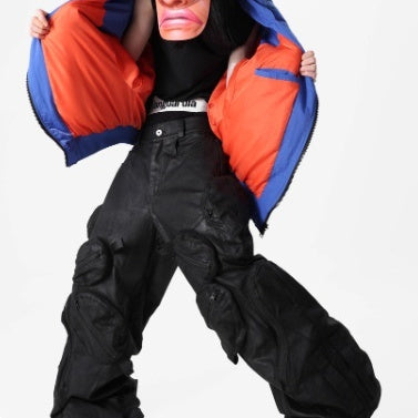 Black Loose-fitting Heavyweight Pure Cotton Cargo Pants With Multiple Pockets