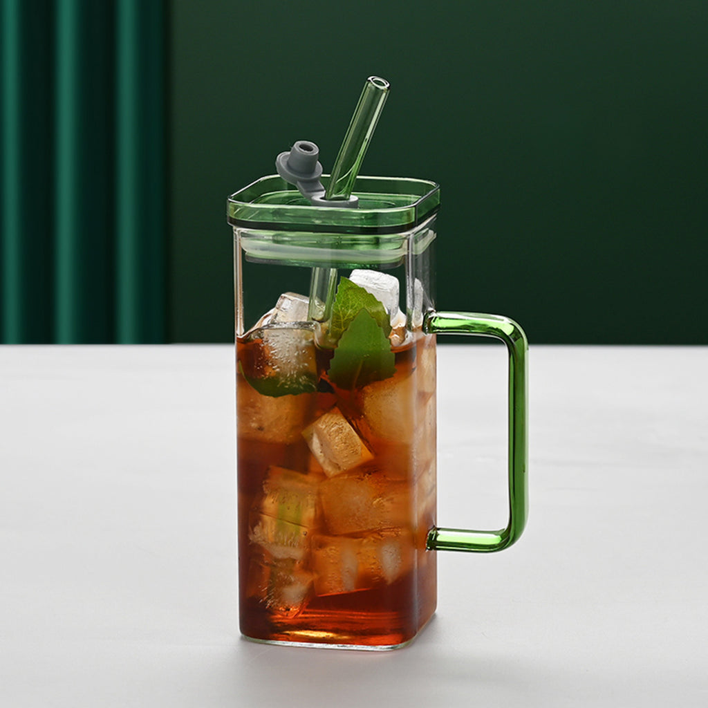 1 Pcs Green Glass Straw Cup, 6 Colors Square Glass Cup With Straw And Lid, High Borosilicate Glass Cup, Milk Cup, Juice Cup, Cold Drink Cup, Coffee Cup, Tea Cup, Office Cup, Gift Cup
