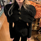 Retro Black Color Pleats Button Slim Top