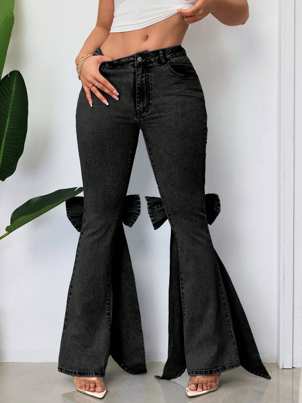 Three-dimensional Bow Slim-fit Mid-stretch Mop Horn Denim Trousers