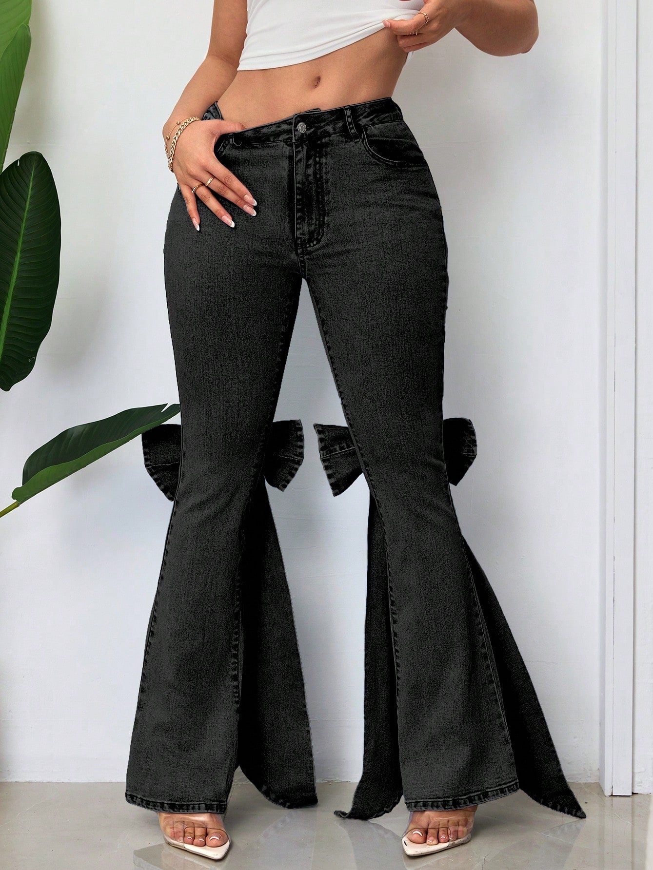 Three-dimensional Bow Slim-fit Mid-stretch Mop Horn Denim Trousers