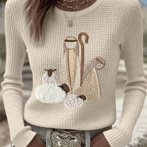Women's Versatile Casual Blended Jacquard Embroidered Long-sleeve Sweater
