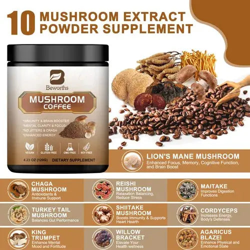 Beworths Mushroom Coffee – Immunity & Brain Booster, Mental Clarity & Focus, Natural Energy AJ PRIME