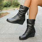 Retro Wedge Heel Fur-lined Pleated Pointed Back Zipper Ankle Boots