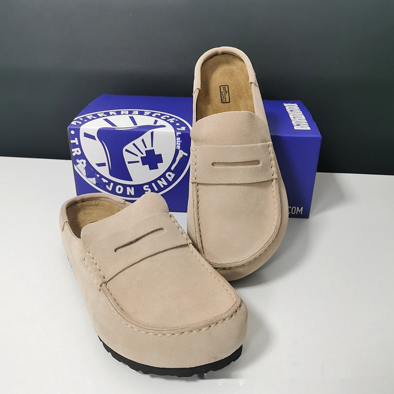 Cowhide Retro Closed Toe Half Slippers Mule Platform Casual Shoes Men And Women Same Style