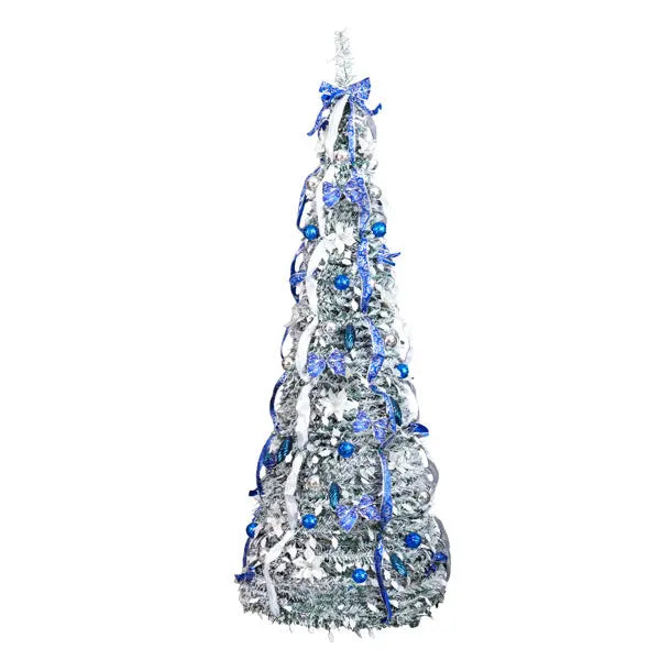 7 FT Snow Flocked Pre-lit Artificial Pop Up Christmas Tree With 200 Warm Lights And Blue & Silver Ornaments For Home Office Store Holiday Deco - The Premium