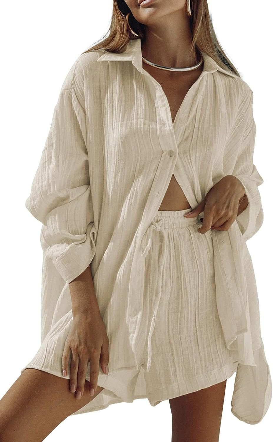 Women's Casual Long-sleeve Shirt And Shorts Set