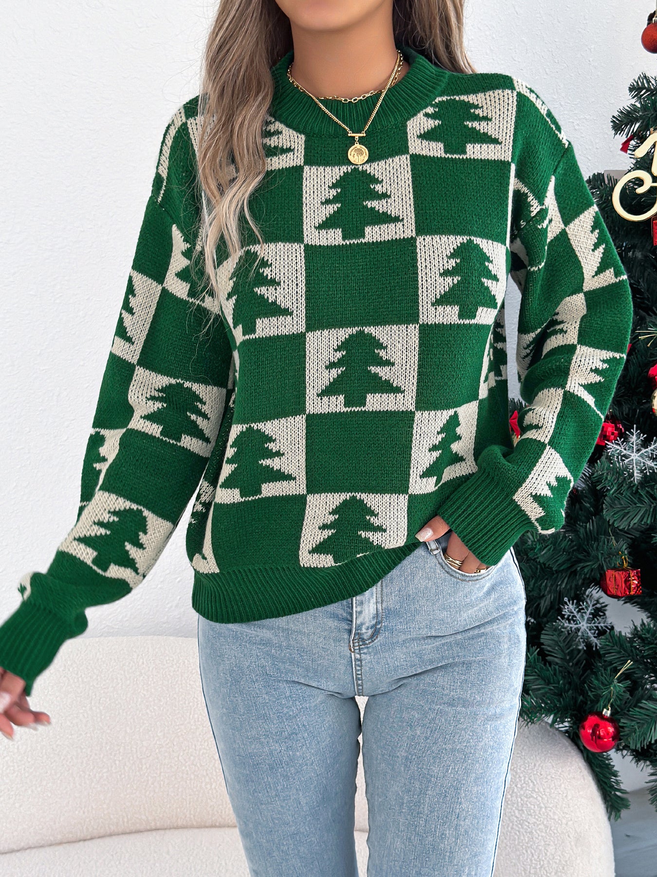 Christmas Tree Plaid Lantern Sleeve Pullover Sweater