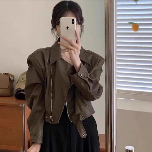 Women's Retro Long-sleeved Leather Coat Jacket