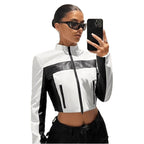 Black And White Contrast Color Leather Coat Women's Zipper Short Slim Jacket