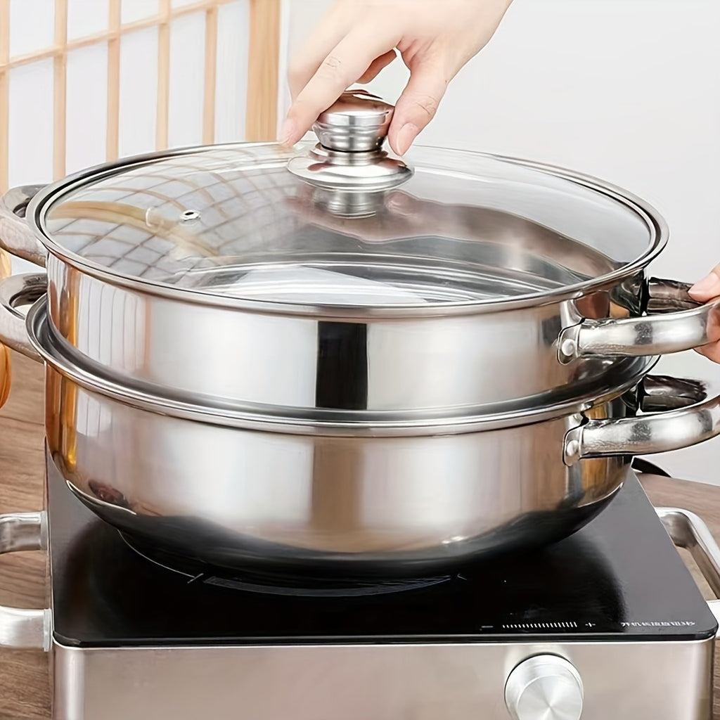 High Quality Stainless Steel Steamer Set - Double-layer Thickened Design, Suitable For Induction Cookers And Gas Stoves - Perfect For Cooking And Hospitality, Durable Household Kitchen Utensils
