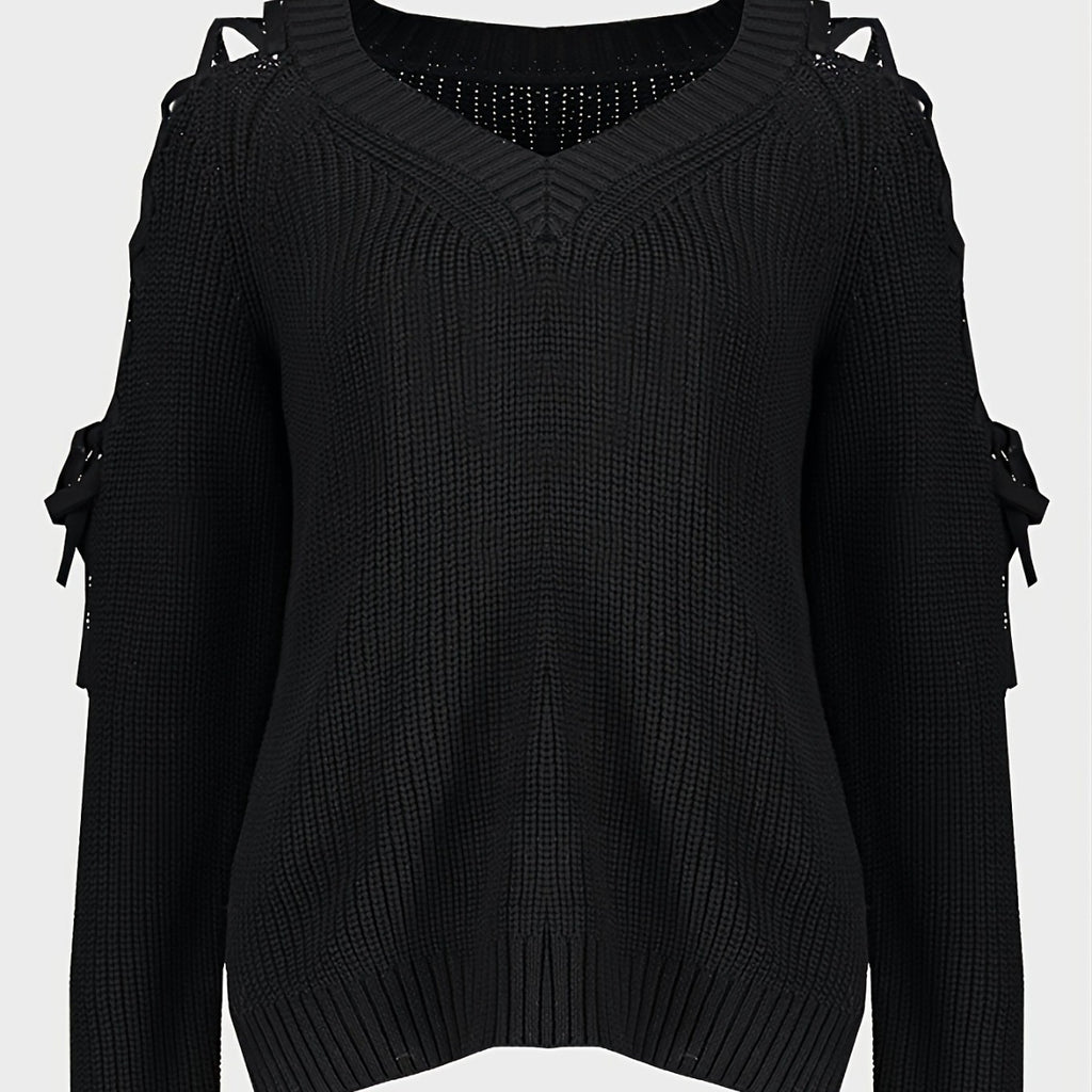 Hollow Knit Sweater Women Long Sleeve Tie Loose V-neck