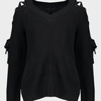 Hollow Knit Sweater Women Long Sleeve Tie Loose V-neck