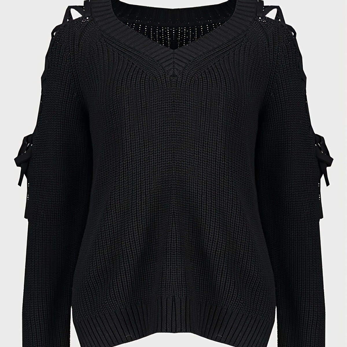 Hollow Knit Sweater Women Long Sleeve Tie Loose V-neck