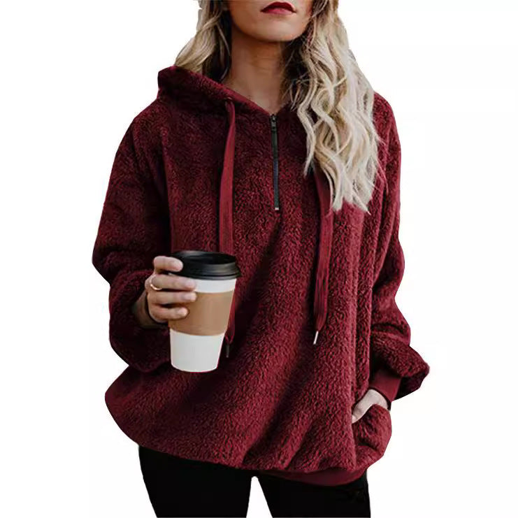 Long Sleeve Zipper Hooded Color Women's Sweatshirt Fleece Jacket