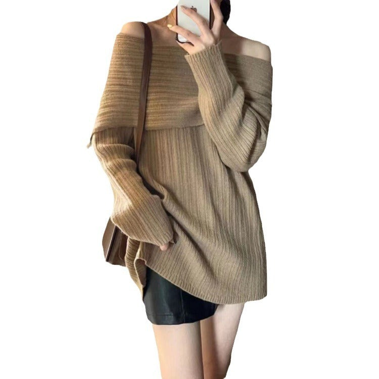 Lazy Style Shoulder-revealing Red Atmosphere Off-shoulder Sweater