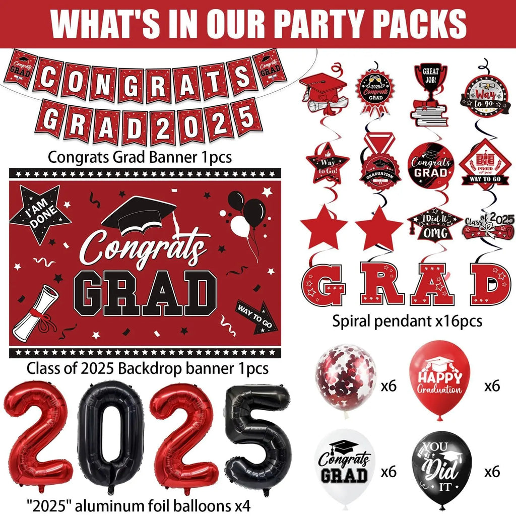 Graduation Decorations Class Of 2025 Set, Red Theme Graduation Party Supplies Of 50 Congrats Grad Banner Class Of 2025 Backdrop Balloons Hanging Swirls For High School College Celebrations - The Premium