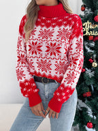 Snowflake Pattern Lantern Sleeve Turtleneck Pullover Sweater