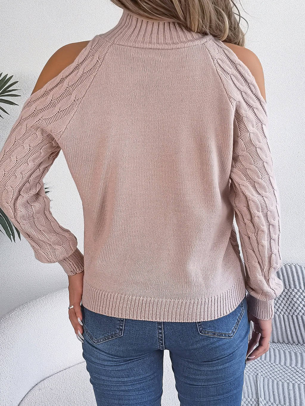 Casual Cable Knit Off-Shoulder Half Turtleneck Long Sleeve Pullover Sweater