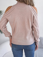 Casual Cable Knit Off-Shoulder Half Turtleneck Long Sleeve Pullover Sweater
