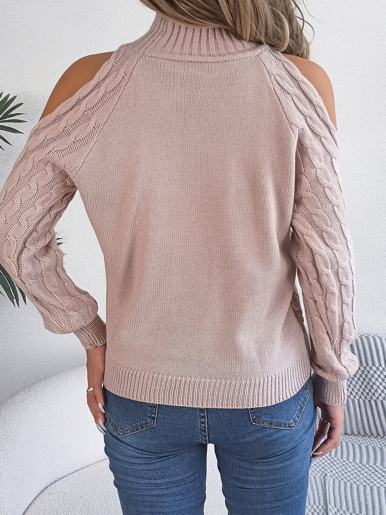 Casual Cable Knit Off-Shoulder Half Turtleneck Long Sleeve Pullover Sweater