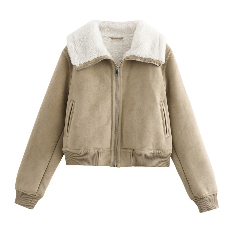 Threaded Hem Loose Fleece Warm Thickened Short Jacket For Women