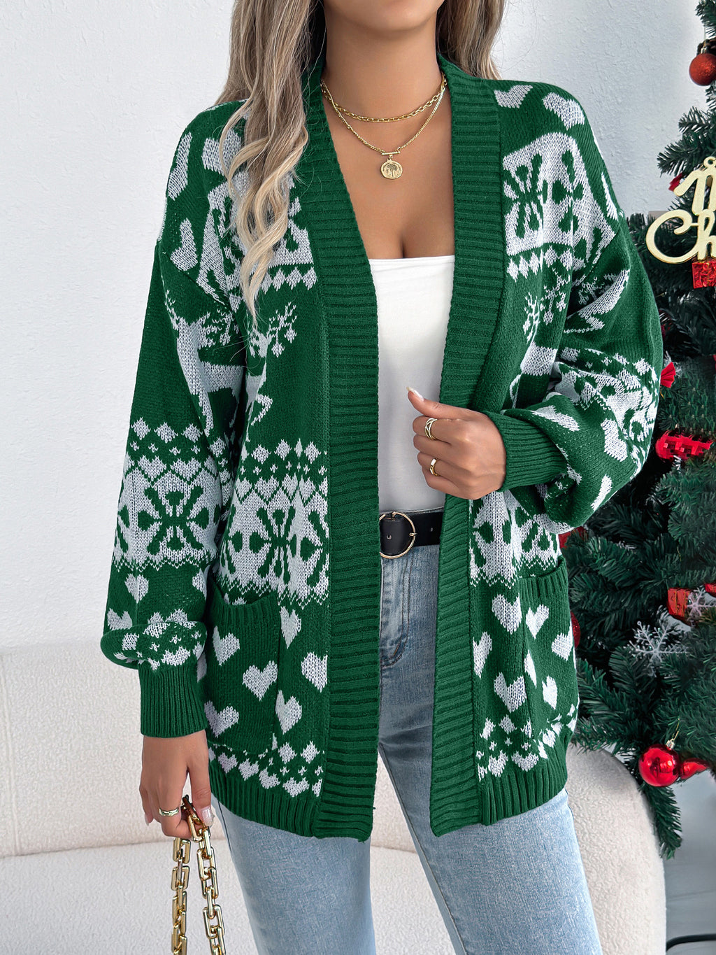 Christmas Deer Pocket Long Sleeve Cardigan Sweater Coat