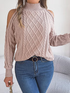 Casual Cable Knit Off-Shoulder Half Turtleneck Long Sleeve Pullover Sweater