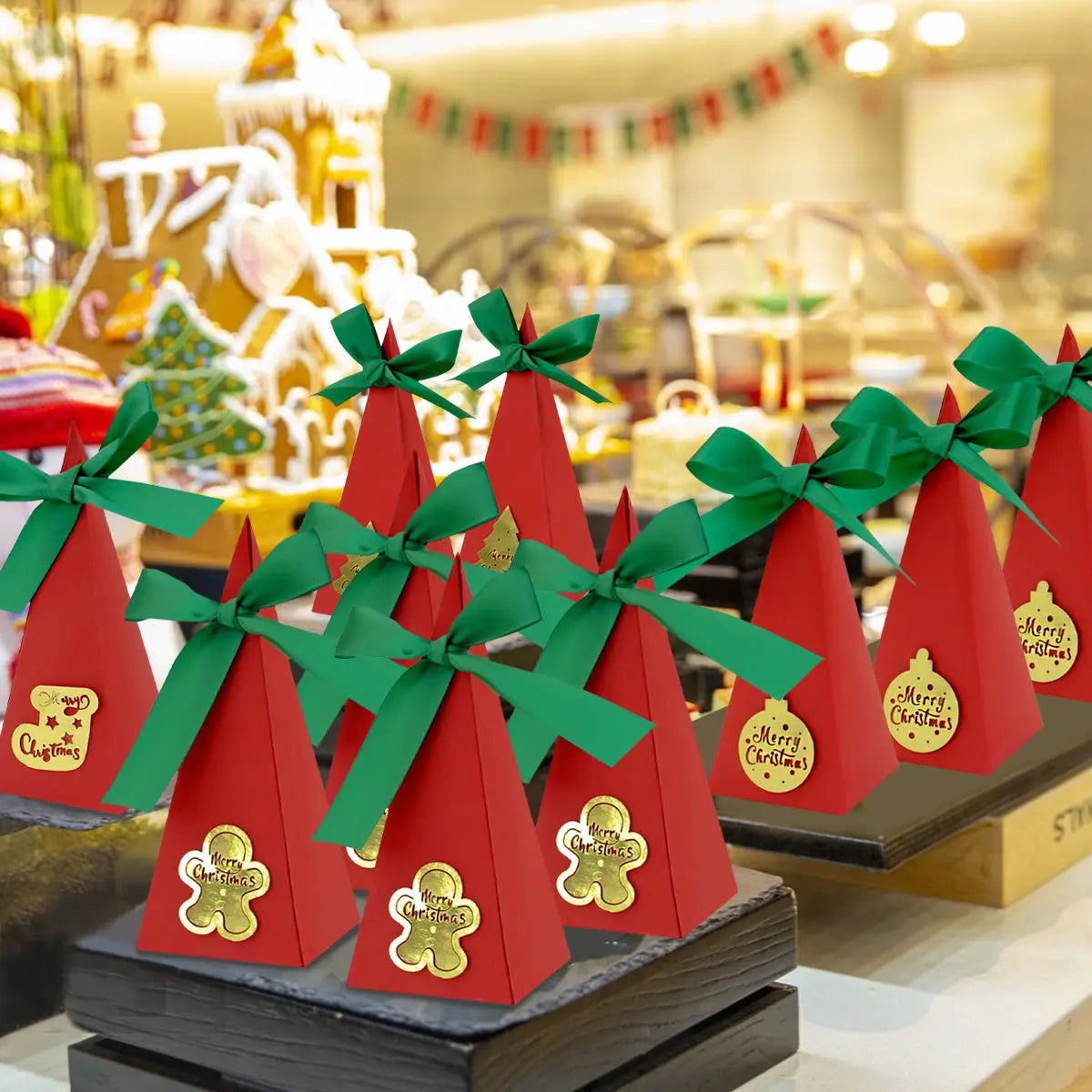 20 Packs Christmas Treat Boxes Goody Boxes Pre-Assembled Triangle Christmas Packing Box Christmas Tree Socks Gold Card Xtmas Cookie Gift Box For Christmas Birthday Wedding Party - The Premium