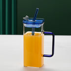 1 Pcs Blue Glass Straw Cup, 6 Colors Square Glass Cup With Straw And Lid, High Borosilicate Glass Cup, Milk Cup, Juice Cup, Cold Drink Cup, Coffee Cup, Tea Cup, Office Cup, Gift Cup
